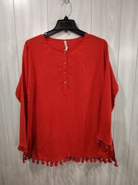 Women's Red 100% Cotton Red Tassel Blouse Size M Boho Embellish Festival Artsy